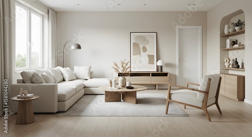 Cozy Modern Living: A well-lit, tastefully furnished living room, with a focus on comfort, style, and relaxation. The scene captures a sense of tranquility, featuring a sectional sofa.