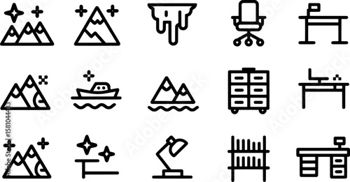 Mountain landscape boat office chair filing cabinet desk lamp bookshelf vector
