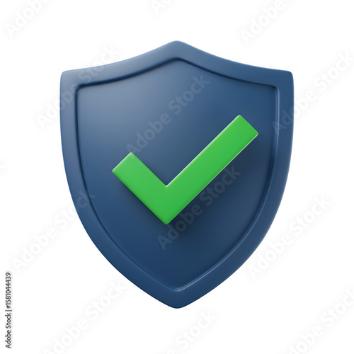 Security shield with checkmark 3d rendered, isolated on transparent background