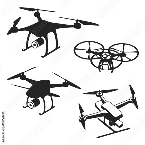 Four black drone and quadcopter silhouettes aerial