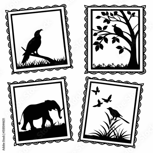 Four black silhouette frames with nature scenes white