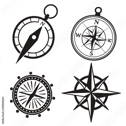 Four black compasses and wind rose symbols navigation