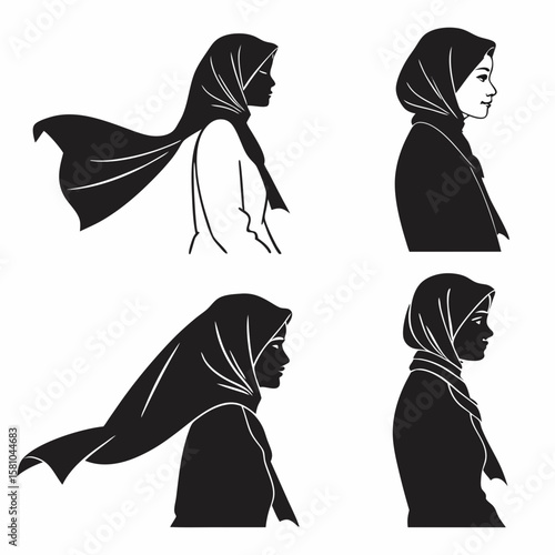 Four black silhouette profiles of women wearing hijabs