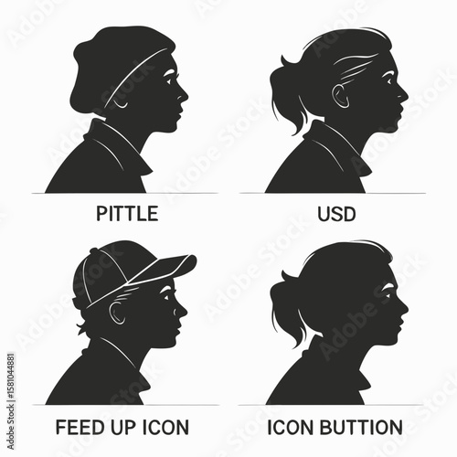 Four profile silhouettes of people with different hairstyles and headwear