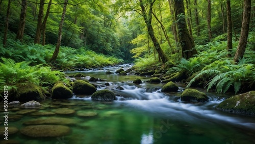 Lush green forest with flowing river and smooth stones in nature  