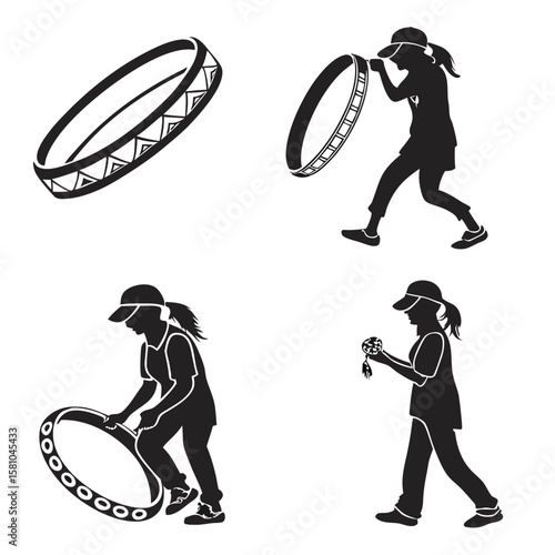 Girls playing with bangles and hoops silhouette