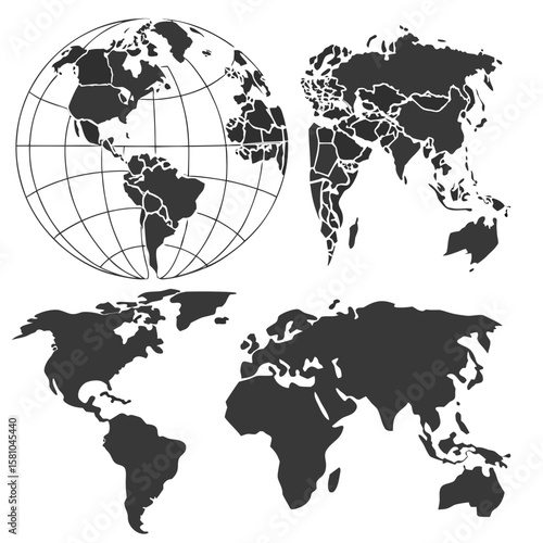 Globe and world map silhouettes for learning continents