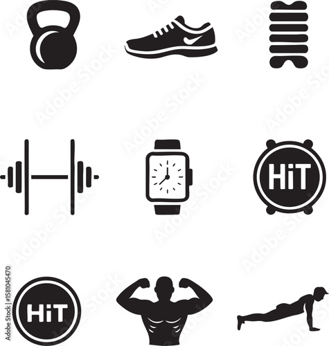 Fitness Icons Kettlebell, Dumbbell, Running Shoe, Smartwatch, HIIT Workout Graphics