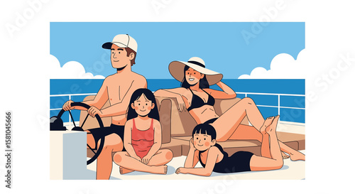 Adobe illustrator vector flat style illustration of a happy family driving a yacht on the open sea, enjoying the sunny summer weather and their vacation, with a clear blue sky overhead