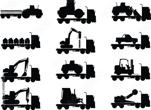 Collection of construction and agricultural vehicle silhouettes on trailers, isolated on white background