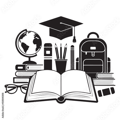 Collection of school supplies and graduation cap with open book and globe