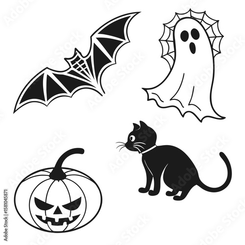 Halloween icons bat ghost pumpkin black cat vector
