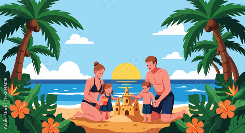 Adobe illustrator vector flat style illustration of a happy family building a sandcastle on a sunny tropical beach, surrounded by palm trees, ocean waves, and vibrant flowers, embodying summer holiday