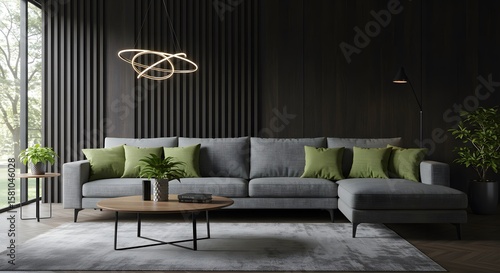 Modern Interior Elegance: A contemporary living room scene, featuring a stylish gray sofa adorned with verdant pillows, complemented by a sleek coffee table and minimalist lighting.