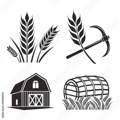 Harvest festival symbols wheat sickle barn barrel grain