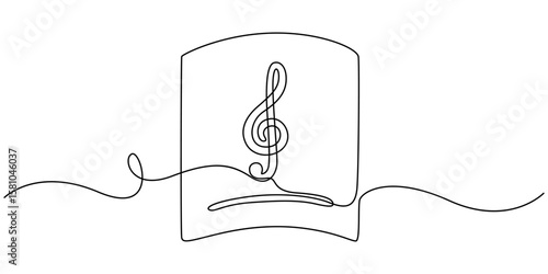 Book with treble clef and musical note continuous one line drawing, Book with treble clef and musical note one line art, hand drawn continuous contour. Creative design. Education studying learning 