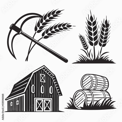 Harvest symbols wheat sickle barn barrels vector