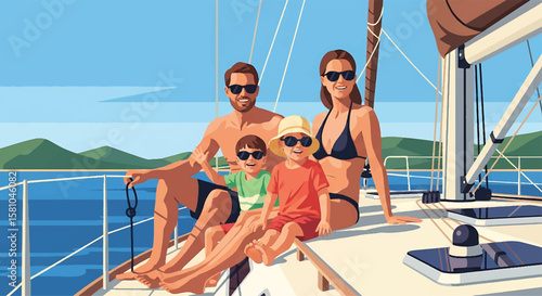 Adobe illustrator vector flat style illustration of a happy family relaxing on a yacht at sea, enjoying their summer holiday with mountains and beach in the background