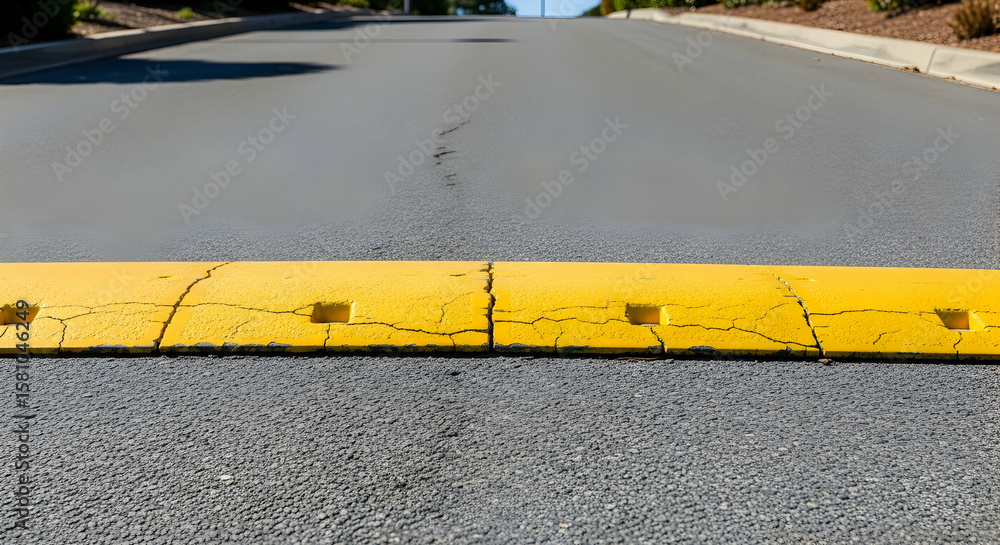 © Rido - A stark yellow speed bump on asphalt road conveys safety and speed control on neighborhood streets © Rido - A stark yellow speed bump on asphalt road conveys safety and speed control on neighborhood streets