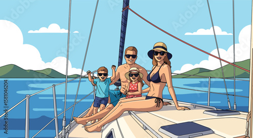 Adobe illustrator vector flat style illustration of a happy family relaxing on a yacht at sea, enjoying their summer holiday with mountains and beach in the background