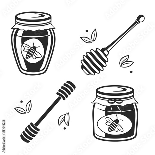 Honey jars and dippers with bees and leaves insect