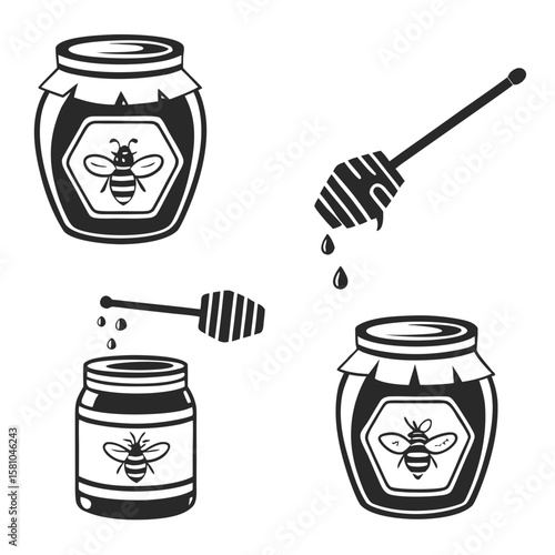 Honey jars and dippers with bees dripping