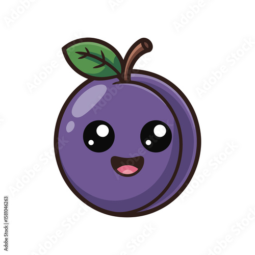 A charming kawaii plum with a smooth, glossy surface and perfectly round and deep purple color.