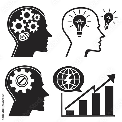 Human mind gears lightbulbs globe graph icons human head