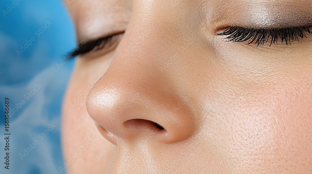 Fototapeta premium Close Up of Woman's Face with Golden Shimmering Skin Texture Soft Lighting Blue Background