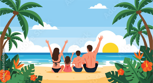 Adobe illustrator vector flat style illustration of a happy family on a summer beach, enjoying the tropical scene with palm trees, blue ocean, and a bright sky, ideal for holiday themes