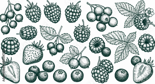 Strawberries, raspberries, blueberries, and blackberries porcelain decoration design (dark green)