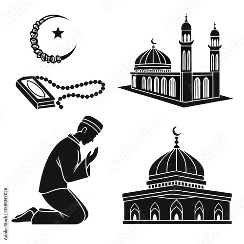 Islamic prayer symbols mosque crescent star book prayer beads