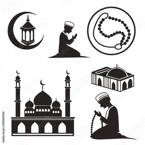 Islamic prayer symbols crescent moon mosque prayer beads