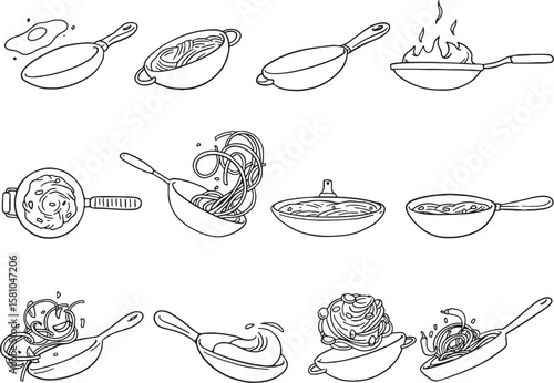 line art illustrations depicting various cooking pans and woks, showcasing different stages of food preparation from frying eggs to stir-frying noodles and simmering dishes. Ideal for cooking.