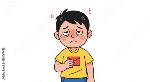 Young boy feeling unwell with a fever and sweating due to illness or heatstroke