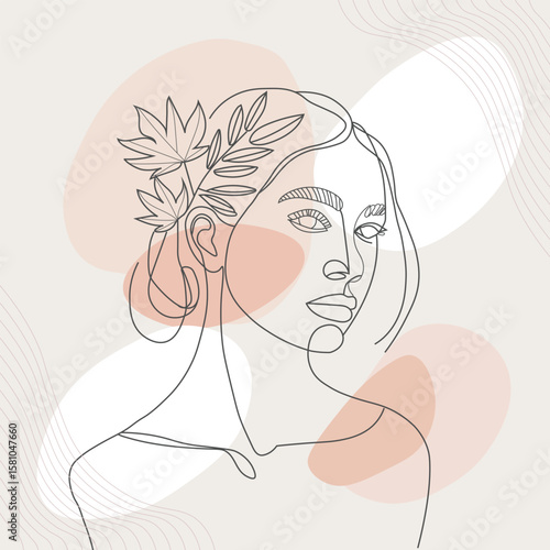 Minimal hand-drawn line vector illustration of an emotional girl with a flower