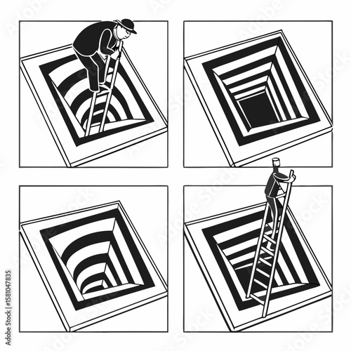Man with ladder descending into optical illusion pit