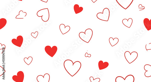 Romantic Red and White Hand Drawn Hearts Scattered Across a Clean White Background