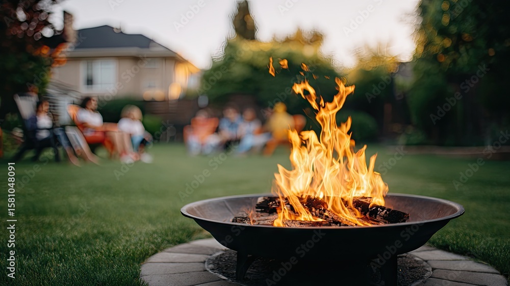 Enjoying a summer evening around a cozy outdoor fire pit with family near home Enjoying a summer evening around a cozy outdoor fire pit with family near home