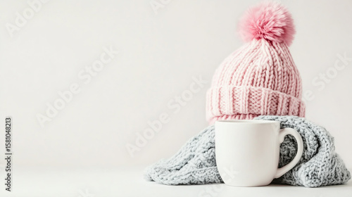 A fresh cup of hot tea rests on a white saucer atop a morning breakfast table decorated with a pink rose flower and a cozy vintage scarf