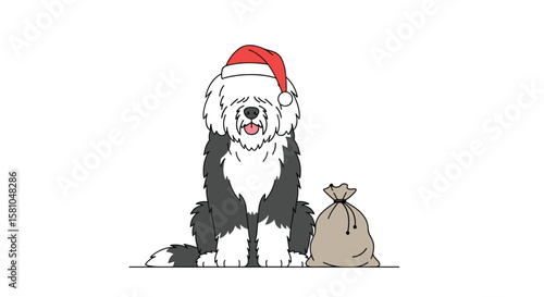 Charming Sheepdog Wearing a Festive Santa Hat with a Gift Sack Ready for Holiday Celebrations