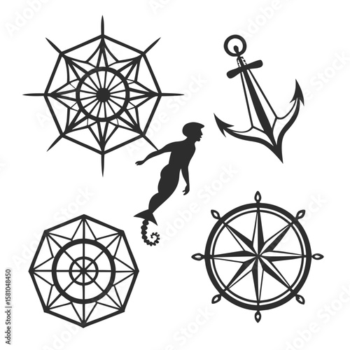 Nautical symbols and mythical creature silhouette anchor