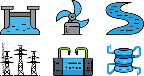 Hydroelectric Power Colorful Flat Icons