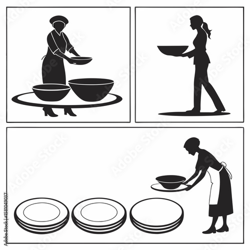 People serving food and arranging plates bowls