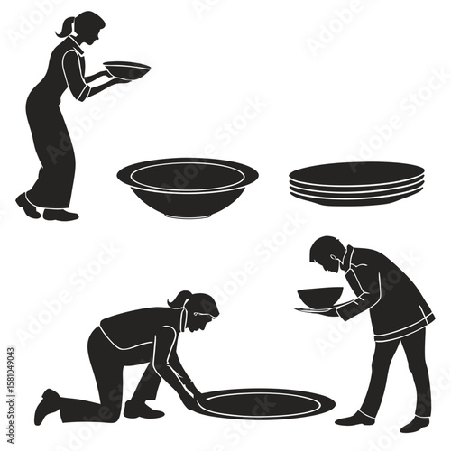 People serving food and plates black white