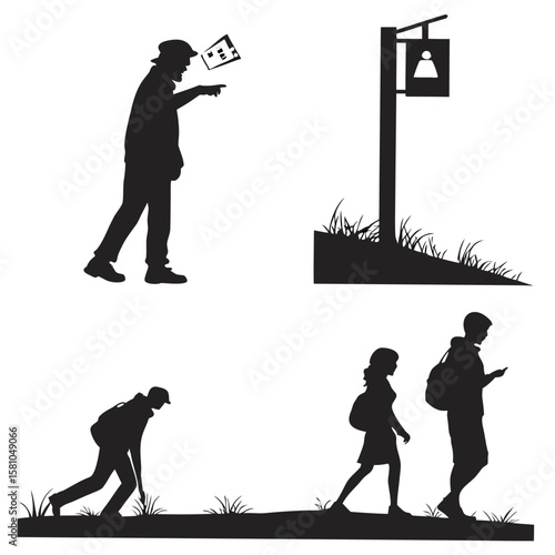 People walking and pointing with sign silhouette