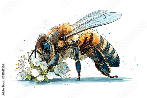 Close-Up of a Bee Pollinating a Flower, isolated on white background