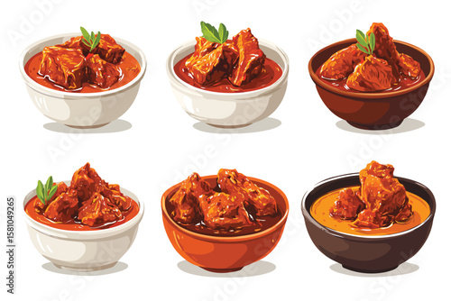 Set of chicken spicy curry bowls, isolated on white background