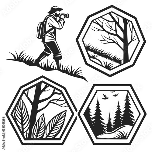 Photographer observing nature scenes within geometric frames