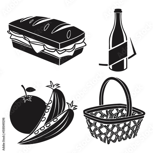 Picnic basket sandwich bottle fruit peas vector